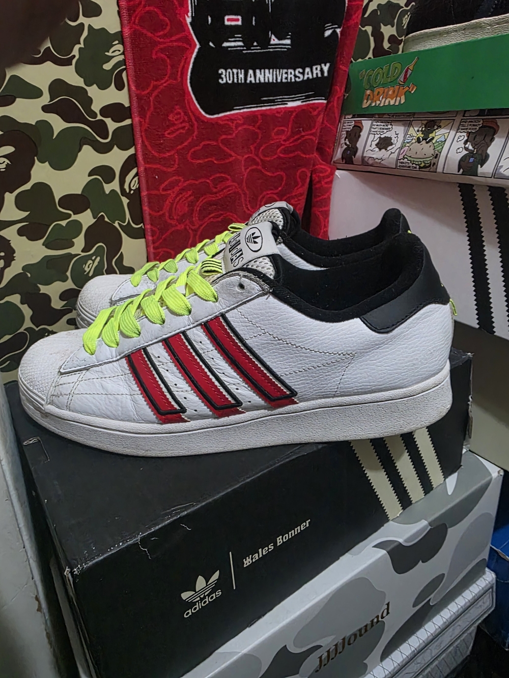 adidas White Sneakers with Red Stripes and Neon Yellow Laces Skate